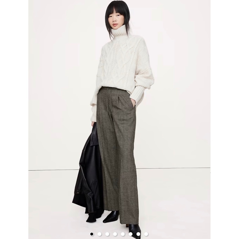 Banana Republic Wide Leg Flannel Drawstring Pull-On Pant Brown Herringbone ST